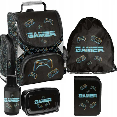 Produktbild von Schulrucksack Mädchen Jungen Motiv GAMER 5 T Set Rucksack, Federmäppchen, Schuhbeutel, Trinkflasche, Frühstückstasche Mega-Set Paso