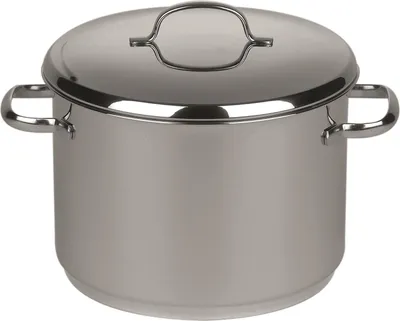 A studio shot of a stainless steel pot with a lid.