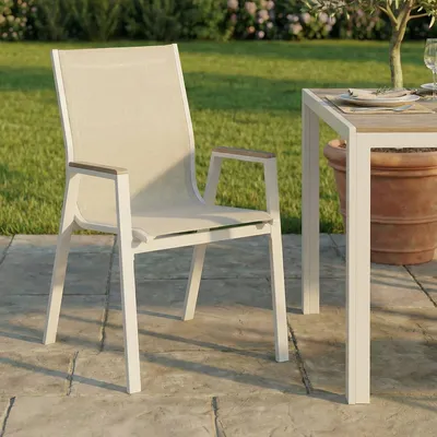 Produktbild von MONDELLO Gartenstühle 6er Set, Weiß/Beige - Stapelbarer Outdoor Stuhl mit Armlehnen, wetterfest, Stahlgestell und Textilene, Armlehnen aus WPC [max. Belastbarkeit 120 kg]