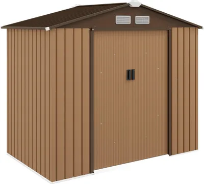 Zdjęcie produktu dla Domek ogrodowy Outsunny 2,42 m², z dachem dwuspadowym, drzwiami przesuwnymi, fundamentem, 213 x 130 x 185 cm, ocynkowany stalowy domek narzędziowy, odporny na warunki atmosferyczne, do ogrodu, żółty