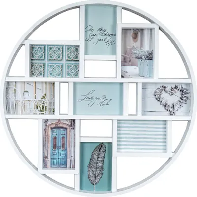 A circular collage picture frame with multiple photo and decorative inserts.