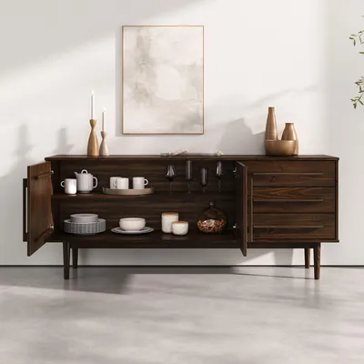 Produktbild von Sideboard TECCA mit 2 Türen und 3 Schubladen, Nussbaum farben – Kommode aus Massivholz, verstellbarer Einlegeboden, Wohnzimmermöbel im Mid-Century Style