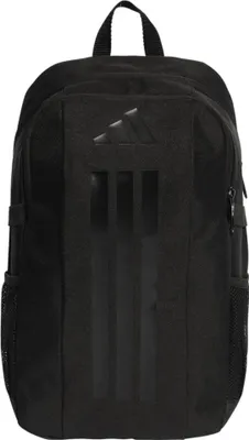 A black Adidas backpack is shown from the front against a white background.