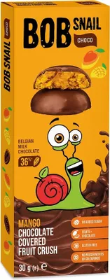 Produktbild von CHOCO-MANGO-SNACK IN BELGISCHER MILCHSCHOKOLADE, OHNE ZUSATZZUCKER, GLUTENFREI, 30 g – BOB SNAIL