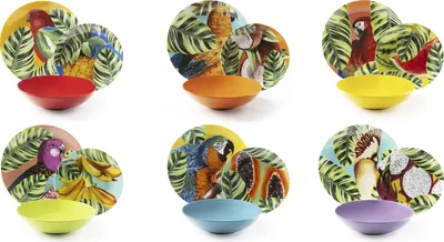 A collection of colorful bowls and plates with tropical bird and fruit designs, arranged in a grid.