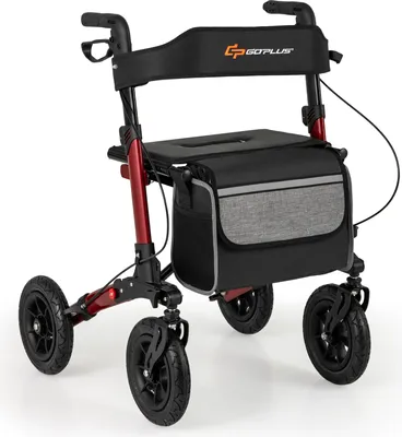 Produktbild von Costway Rollator & Rollstuhl 2in1, Rot, faltbar, mit Sitz, Luftbereifung, höhenverstellbar, bis 140 kg Tragkraft, inkl. Tasche & Stockhalter. Material: Aluminium, Stoff, Kunststoff. Maße (LBH): Gesamt 62x82x81,5-97cm, geklappt 59x36x44cm. Mit Bremssystem & Fußpedal.
