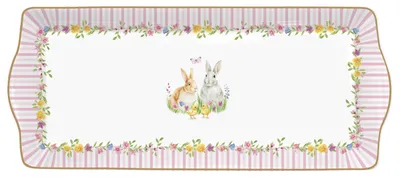 Produktbild von Servierplatte HAPPY EASTER rechteckig mit Blumen und Hasen 35x15cm Easy Life