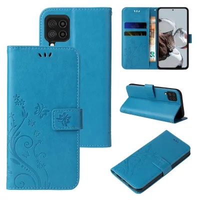 Collage of images showing a blue flip phone case with a floral and butterfly design from multiple angles.
