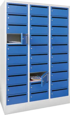 Produktbild von Postverteilerschrank, Schließfachschrank, 3 Abteile a 300 mm, 30 Fächer, 1.850 x 900 x 500 mm (HxBxT), Korpus tiefschwarz, Front lichtblau
