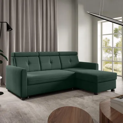Produktbild von Ecksofa MILANO Flaschengrün, L-Form - mit Schlaffunktion, Bettkasten & Ottomane rechts