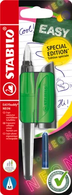Produktbild von STABILO Schulfüller mit Standard-Feder M - STABILO EASYbuddy NEON in neongrün - blau (löschbar) - inkl. Patrone