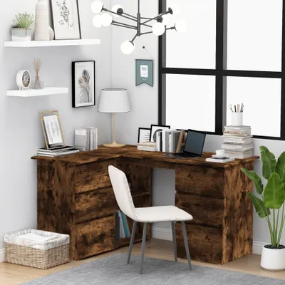 Obrázek produktu pro vidaXL Rohový psací stůl kouřový dub 145x100x76 cm materiál na bázi dřeva - Rohový psací stůl - Rohové psací stoly - Psací stůl - Kancelářský stůl