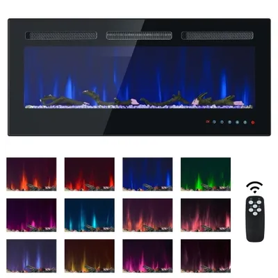 A collage of an electric fireplace and various color options for its flame effect, along with a remote control.
