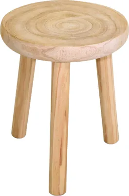 A wooden stool with three legs on a white background.
