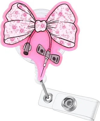 Image de Porte-badge extensible, porte-badge pour infirmières, badge au motif mignon, porte-badge avec clip pour infirmières, médecins et bénévoles (nœud rose)