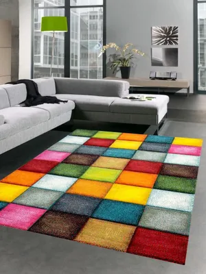 Produktbild von Teppich modern Teppich Wohnzimmer Karo bunt gelb rot blau grün Größe - 200 x 290 cm