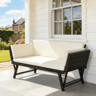 Zdjęcie produktu dla Sofa ogrodowa z rattanu syntetycznego, dwuosobowa, z składanymi podłokietnikami, wymiary: 129x63x67 cm, kolor: brązowy