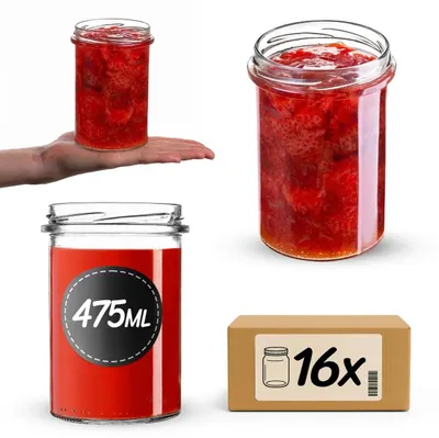Obrázok produktu pre Sklenené nádoby na džem a med – valcovité sklenené poháre, 16 kusov, objem 475 ml – opakovane použiteľné – vhodné na pasterizáciu – bezpečné pre potraviny – priehľadné