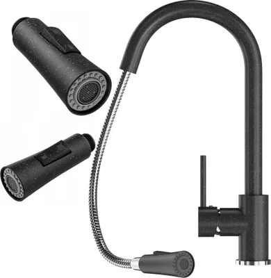 A black kitchen faucet with a pull-out spray head and a flexible hose is shown against a white background. Two additional spray heads are displayed separately.