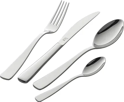 A set of cutlery, including a fork, knife, and two spoons, is arranged on a white background.