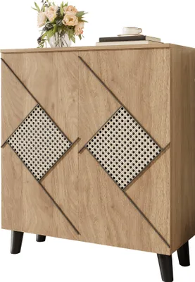 Immagine prodotto di Fortuna Lai Moderno mobile scarpiera con motivo decorativo in rattan, 80×32×91 cm, elegante mobile da ingresso con spazio contenitivo, ante chiuse, ripiano