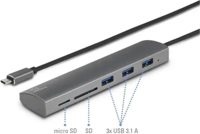 Produktbild von Renkforce RF-3374948 USB-Hub 3 Port USB-A, SD, microSD USB 3.0 5 GBit/s mit eingebautem SD-Kartenleser, mit Aluminiumge