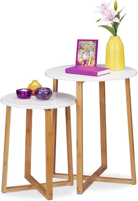 Obrázek produktu pro Sada 2 kulatých stolků Mimiset - moderní design - výška 48,5 a 60,5 cm - přírodní/bílá barva