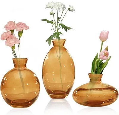 Image de Lot de 3 mini-vases en verre, petits vases en forme de diamant vendus en vrac, mini-vases de table, bouteilles vintage pour la décoration de table, décoration de mariage, réception, (3, ambre)