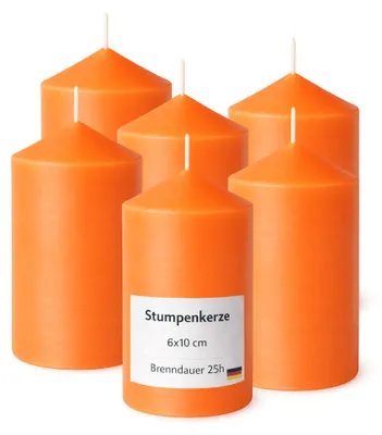 Imagen del producto de Velas tipo "stumpen" de 6 cm de diámetro y 10 cm de altura, color naranja, paquete de 6 unidades
