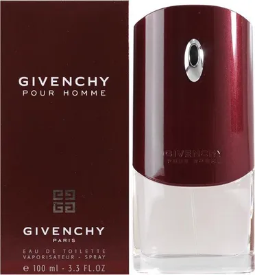 A product shot of a Givenchy Pour Homme fragrance bottle and its packaging.