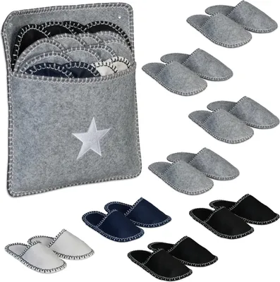 Obrázek produktu pro Relaxdays domácí pantofle, 8 párů, sada pantoflí s taškou, velikosti 36–45, plstěné pantofle, protiskluzová podrážka, vícebarevné