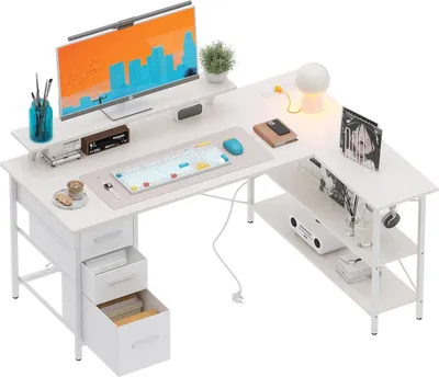 Imagen del producto de Escritorio con cajones - Escritorio de esquina para oficina en casa - Organiza tu espacio de trabajo - Con toma de corriente y USB - 140 x 80 cm - Blanco