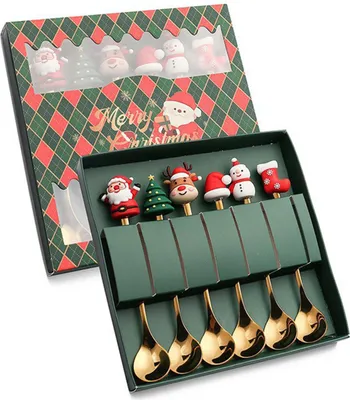 Produktbild von 6-teiliges Edelstahl-Löffel- und Gabelset mit Weihnachtsmann, Schneemann, Hirsch, Weihnachtsbaum und Hut – Dekoration für Festtagsfeiern