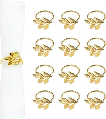 Produktbild von 12 goldene, blattförmige Serviettenringe aus Metall, für Hochzeiten, Weihnachten, Geburtstage und Bankette