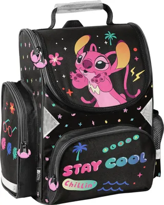 A black school backpack with a Lilo and Stitch theme.