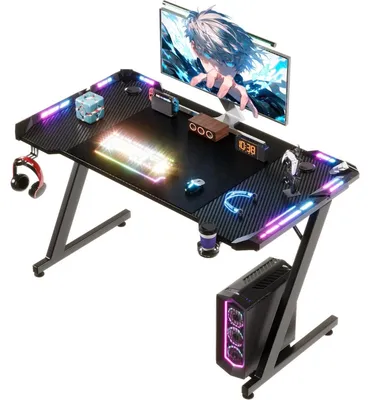 Produktbild von Gaming Schreibtisch 120x60 cm LED Z-Frame Ergonomisch PC Tisch Gamer Tisch mit Getränkehalter Kopfhörerhalter