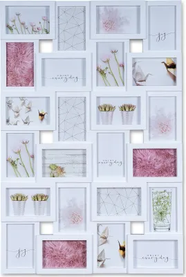 A collage of a white picture frame with multiple photo slots, displaying various images including flowers, origami cranes, and abstract patterns.