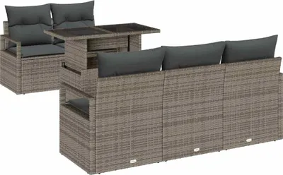 Immagine prodotto di Set divano da giardino vidaXL con contenitore e cuscini, 6 pezzi, grigio, in polyrattan