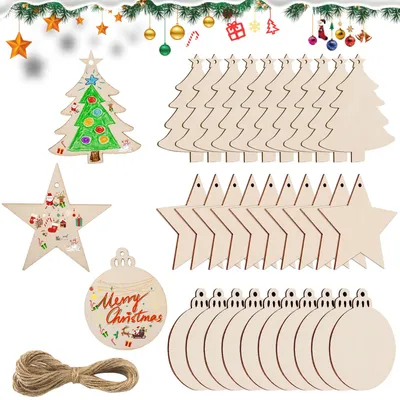 30er Set Holz Weihnachtsdekorationen, 3 Formen, mit Juteschnur