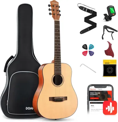 Produktbild von Donner Gitarre Akustik 3/4 für Anfänger Einsteiger Akustikgitarre Set Gitarren Erwachsene 36 Zoll Dreadnought mit 6 Tasche Capo Plektren Gurt (Natur）