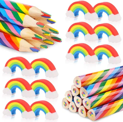 Produktbild von 24 Regenboogfarbe Buntstifte - 12 Buntstifte und 12 Radiergummis - Mehrfarbig zum Zeichnen - Malen - Skizzieren - Geschenk für Kinder