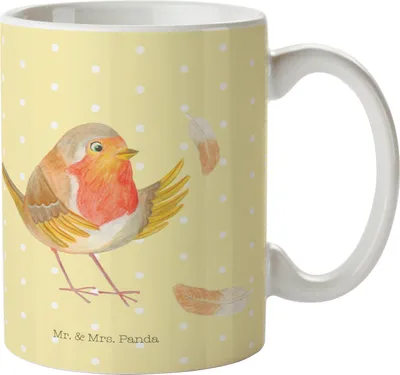 Produktbild von Mr. & Mrs. Panda Mehrwegbecher Rotkehlchen Federn - Gelb Pastell - Geschenk, Trinklernbecher, Kindergarten Tasse, Pott, Motivation Sprüche, Spruch, fliegen, Kinderbecher