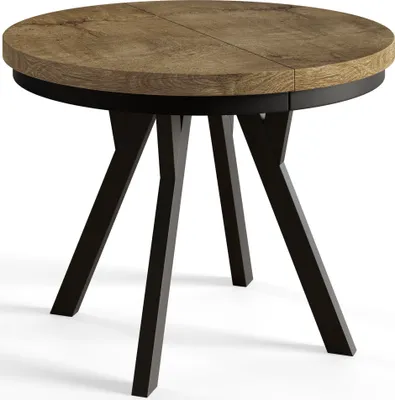 Produktbild von Runder Esszimmertisch EVO, ausziehbarer Tisch Durchmesser:120 cm bis 220 cm, Wohnzimmertisch Farbe: LEFAKS, mit Holzbeinen in Farbe Schwarz