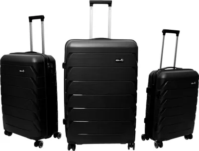 Three black suitcases of different sizes arranged side-by-side against a white background.