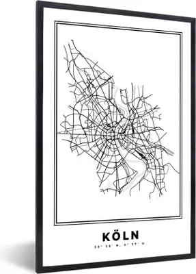 Produktbild von MuchoWow® Gerahmtes Poster Karte - Stadtplan - Köln - Deutschland - Schwarz und weiß 40x60 cm - Poster mit Schwarzem Bilderrahmen Wandposter Rahmen Foto Bilder - Papierdruck - Wandbilder