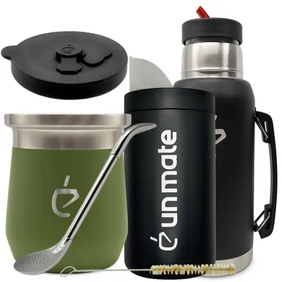 Immagine prodotto di Set completo yerba mate Un Mate Termolid DualFlow PRO Forest Green – tazza 230 ml, borraccia 1 L, bombilla e yerbera