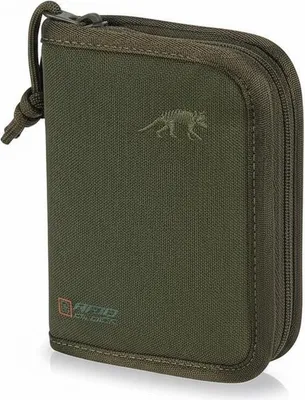 A close-up view of a green wallet with a zipper closure.