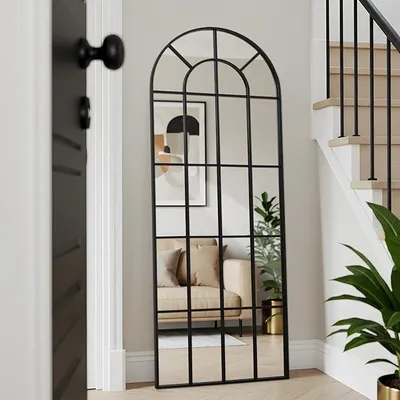 Produktbild von 76 x 180 cm Wandspiegel Fenster Spiegel Dekorativer Hängespiegel Schwarzer Aluminiumrahmen Gewölbter Wand Spiegel für den Wohnzimmer, Flur, Eingang, Außenbereich, Gartendekoration