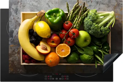 Produktbild von KitchenYeah© Herdabdeckplatte Kiste - Obst - Regenbogen , 81x52cm, Küche Deko, Glaskeramikkochfeld Herdabdeckung, Abdeckplatte fùr Kochfeld
