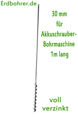 Produktbild von Erdbohrer 30 mm 3 cm - 1m für Akkuschrauber oder Bohrmaschine Handgriff - mit Handgriff ca. 40cm lang